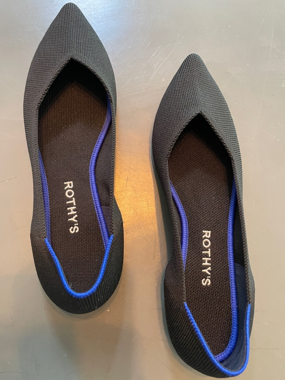 Rothy's Black Pointed Knit Flats with Blue Trim